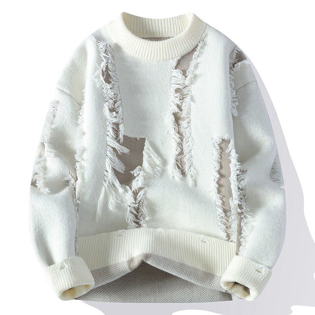 Trendy Ripped Sweater for Men, Winter Crew Neck Base Shirt, Men's Knitwear, Teenage Student Sweater, Knitted Clothing