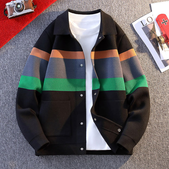 Cardigan Sweater for Men, New Spring and Autumn Style, Color-Blocked Knitted Jacket, Youth Turn-Down Collar Sweater Coat