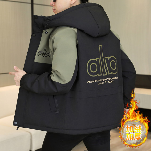 Trendy brand American light luxury hooded color-blocked jacket men's autumn and winter new style plus velvet and thickening to keep warm and handsome workwear cotton coat