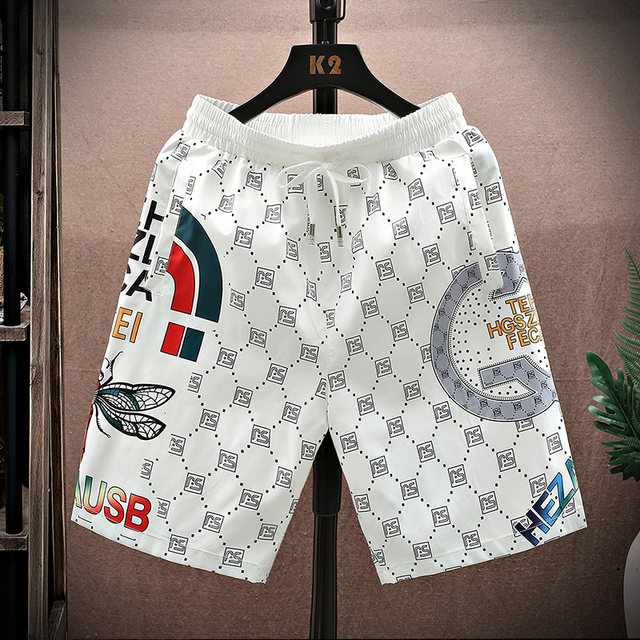 Summer Ice Silk Shorts, Loose Printed Casual Straight-Leg Mid-Length Pants, Beach Pants, Men's Trendy Brand, Stylish and Handsome Five-Point Shorts