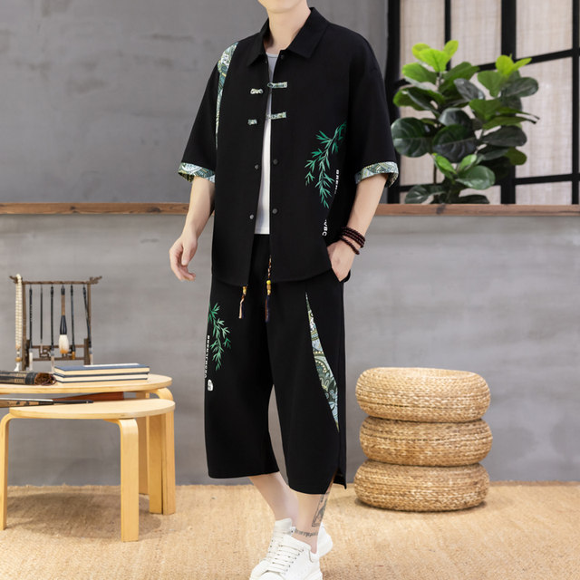 Chinese Style Short-Sleeved Shirt Men's Summer Suit Ice Silk Thin New Chinese Style High-End National Trend Shirt Two-Piece Set