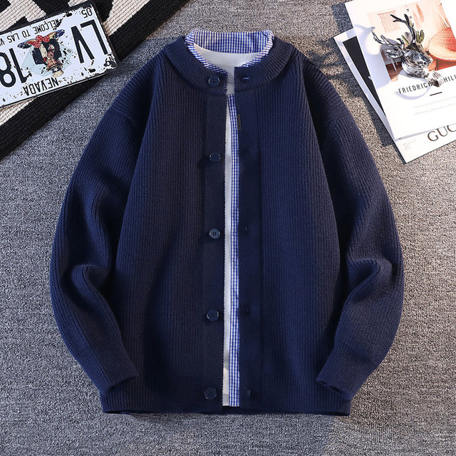 Autumn and winter 2025 new knitted cardigan jacket men's solid color versatile casual fake two-piece trendy brand jacket sweater trend