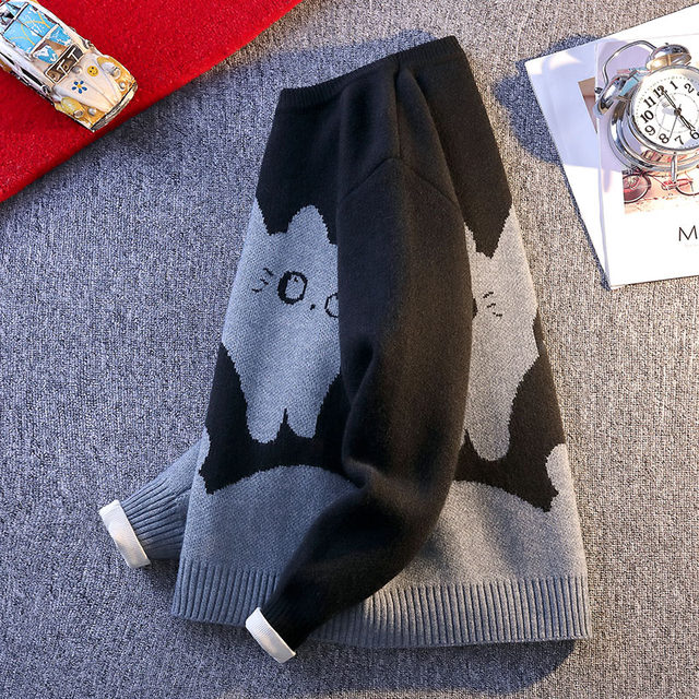 College Style Round Neck Sweater for Men in Autumn and Winter, Contrasting Color Cat Knit Sweater, Loose and Lazy Style, Handsome and Warm Top