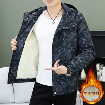 Hooded Work Jacket for Men, Autumn and Winter Trendy Brand, Fleece-Lined, Thickened, High-End Casual Warm Jacket with All-Over Print