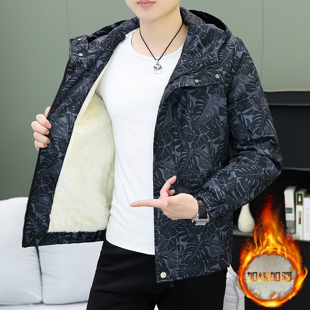 Hooded Work Jacket for Men, Autumn and Winter Trendy Brand, Fleece-Lined, Thickened, High-End Casual Warm Jacket with All-Over Print