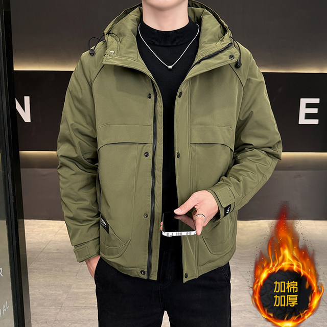 Winter 2026 New Men's Workwear Hooded Cotton Jacket, Trendy and Stylish, Thickened Cotton Coat, Double-Layered Cotton Youth Warm Cotton Jacket