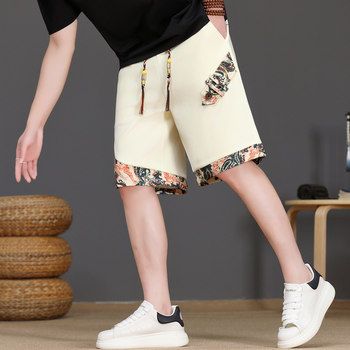 New Chinese Style Men's Summer Ice Silk Cool Five-Point Casual Shorts, National Trend Patchwork Straight-Leg Cool Beach Shorts
