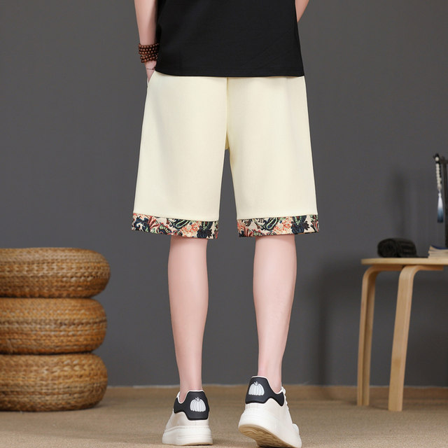 New Chinese Style Men's Summer Ice Silk Cool Five-Point Casual Shorts, National Trend Patchwork Straight-Leg Cool Beach Shorts