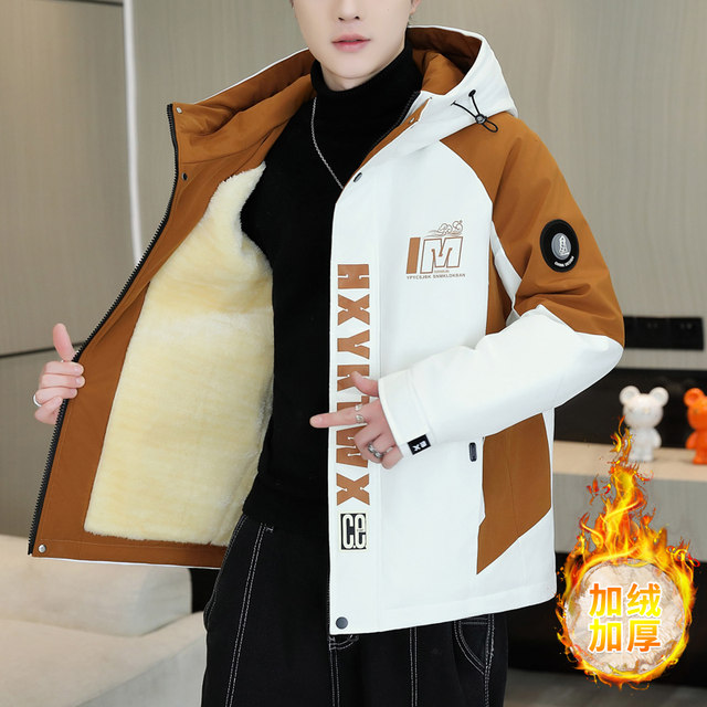 Men's Work Jacket, Autumn and Winter Style, Fleece-Lined and Thickened, Trendy Brand, Loose Hooded Coat, Youth Warm and Windproof Cotton Jacket