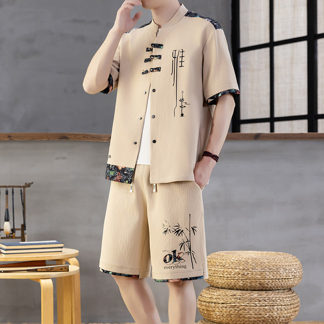 Chinese Style Casual Sports Suit for Men, Summer Thin Short-Sleeved Cardigan Shirt, Youth Loose Fit, National Trend Button-Up Clothing