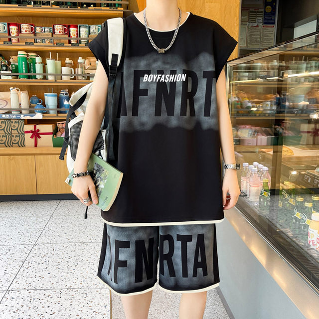 American Casual Sports Suit for Men, Summer Sleeveless T-Shirt, Vest, Trendy Brand, Large Size, Five-Point Shorts, Vest Two-Piece Set