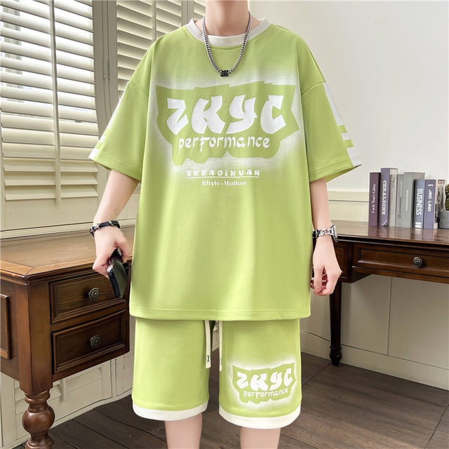 Casual Sports Suit for Men, Summer Five-Quarter Sleeve T-Shirt, Men's Short-Sleeved Youth Set, Stylish Hong Kong Style Clothing T-Shirt