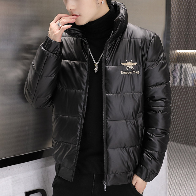 New Men's Cotton Coat with Shiny Leather, Winter Jacket, Trendy Stand-Up Collar, Waterproof, Thick, Short down Cotton Jacket, Youth Cotton-Padded Jacket