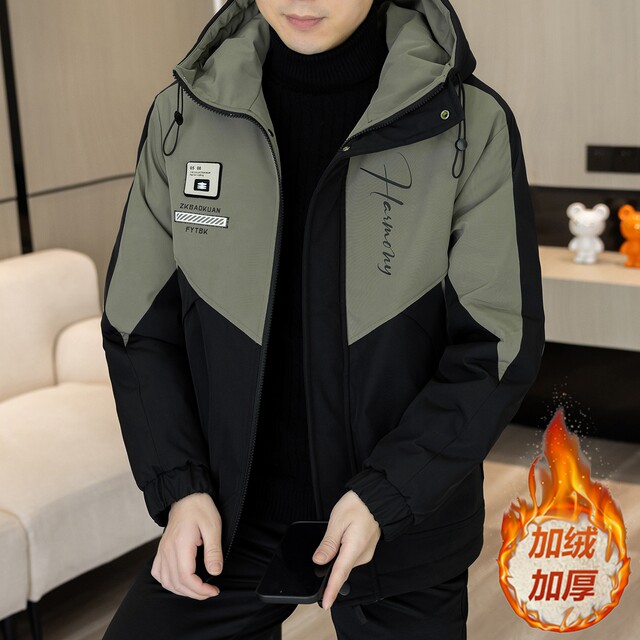 New velvet and thickened winter jackets for men, hooded casual jackets, Korean style trendy color matching, handsome and warm cotton-padded jackets