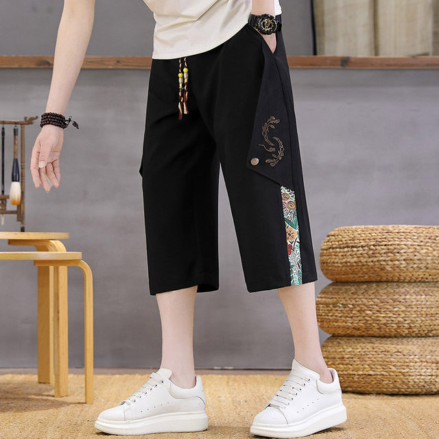 Color-Blocked Chinese Style Summer Shorts for Men 2025 New National Trend High-End Casual Straight-Leg Breathable Ice Silk Pants