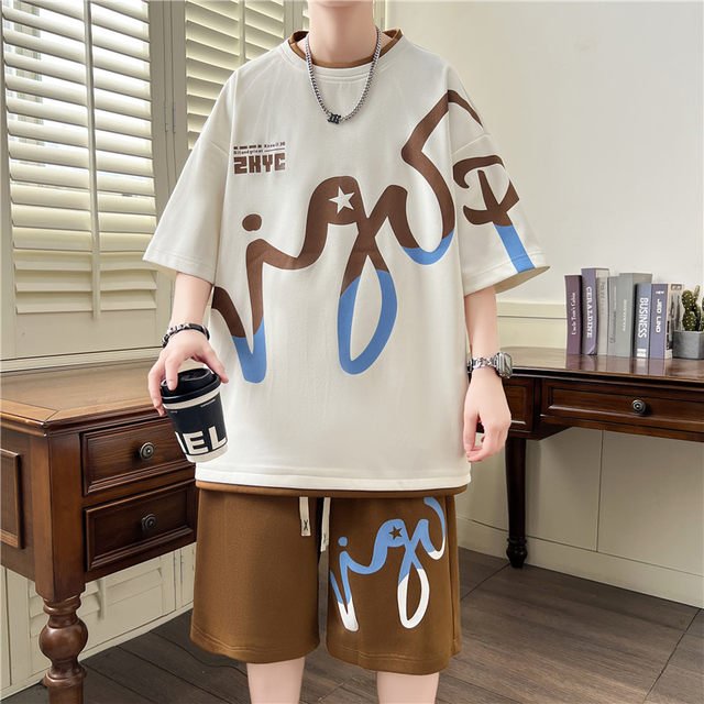 Short-Sleeved Shorts Suit for Men, Summer Ice Silk Cool-Feeling T-Shirt, Youth Casual Loose Sports Two-Piece Suit t