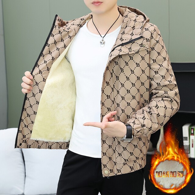 Winter Jacket for Men, Fleece-Lined and Thickened, Trendy Brand Letter Print Jacket, Men's Hooded Autumn and Winter Casual Youth Cotton-Padded Jacket