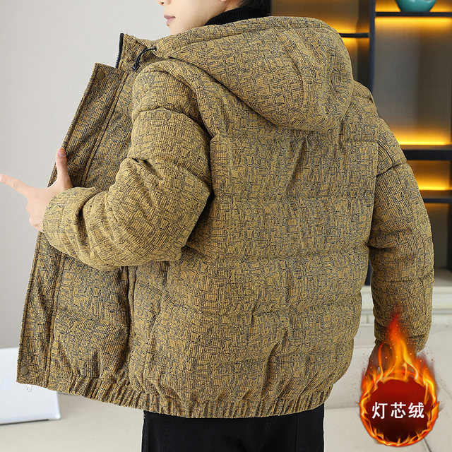 Corduroy jacket men's autumn and winter cotton thickened hooded cotton coat trendy brand handsome casual loose high-end cotton coat