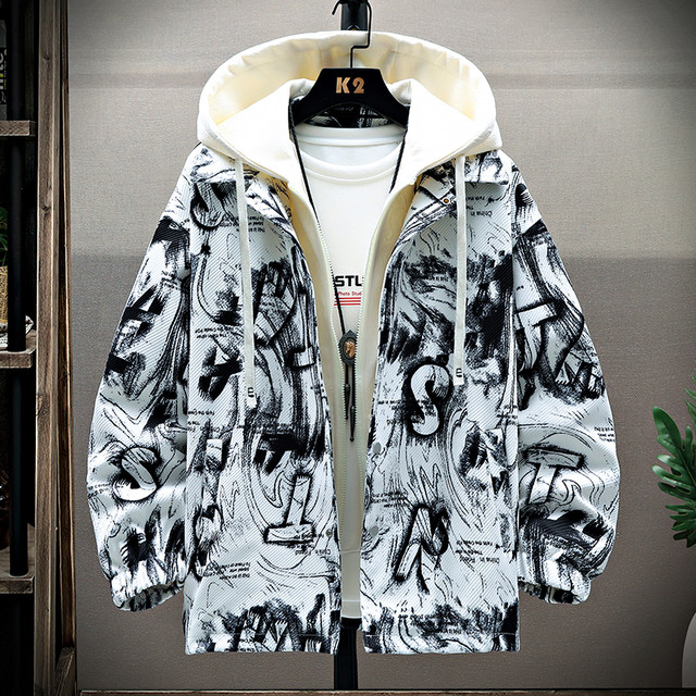 Fake two-piece hooded jacket for men in spring and autumn trendy American style loose windproof jacket, handsome and versatile autumn clothing