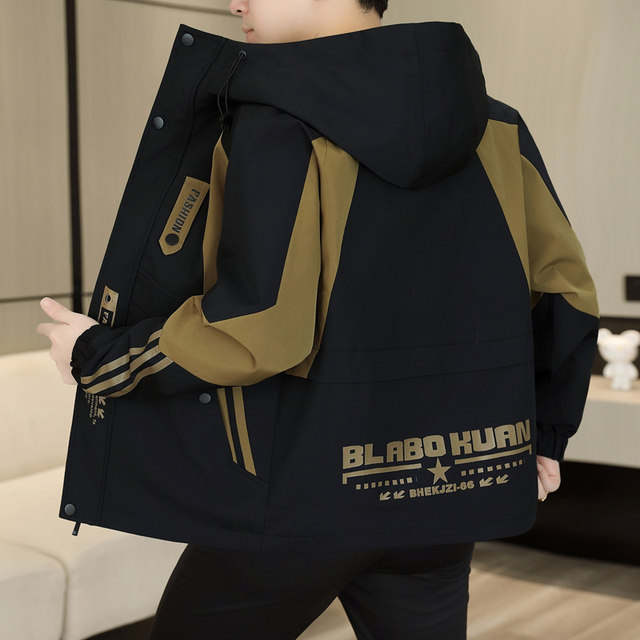 American-Style Hooded Jacket for Men, Spring and Autumn 2025 New Model, Youth Windbreaker, Patchwork Workwear Jacket, Loose Fit Top