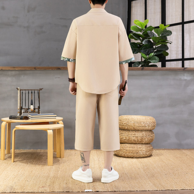 Summer New Style Chinese Casual Short-Sleeved Shirt Suit for Men, Loose Thin Cropped Pants, Chinese Style Handsome Two-Piece Set