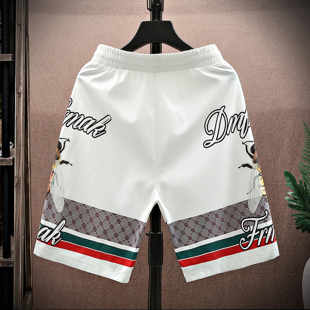 Summer Ice Silk Shorts, Loose Printed Casual Straight-Leg Mid-Length Pants, Beach Pants, Men's Trendy Brand, Stylish and Handsome Five-Point Shorts