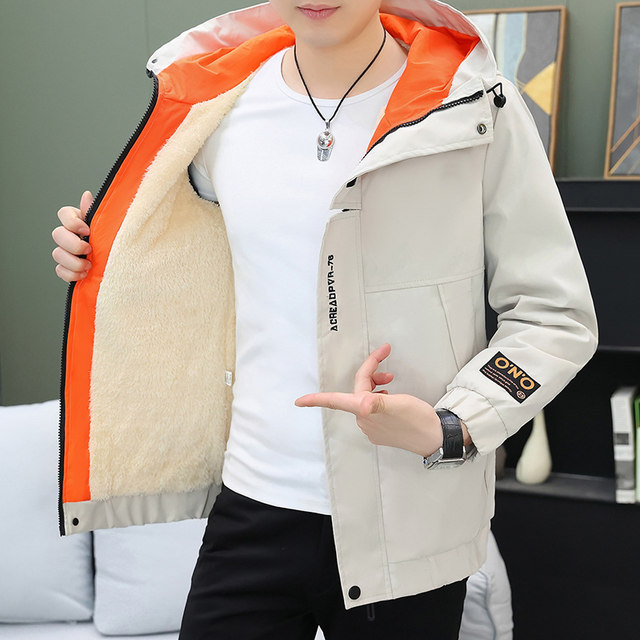 Fleece-Lined Jacket for Men, Autumn and Winter, Thickened and Warm, Workwear Style, Loose Fit, Versatile, Trendy Brand, Hooded Jacket for Teenagers