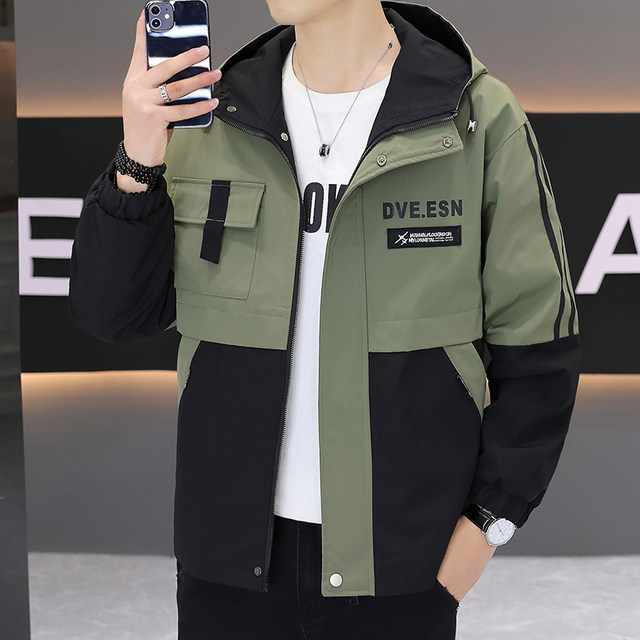 2026 New Spring and Autumn Casual Jacket for Men, Korean Style Trendy Color-Blocking Loose Hooded Workwear Windbreaker for Young People