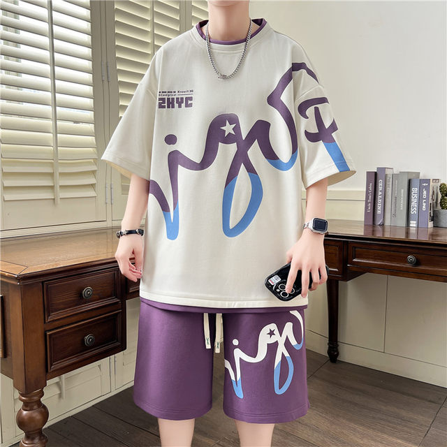 Short-Sleeved Shorts Suit for Men, Summer Ice Silk Cool-Feeling T-Shirt, Youth Casual Loose Sports Two-Piece Suit t