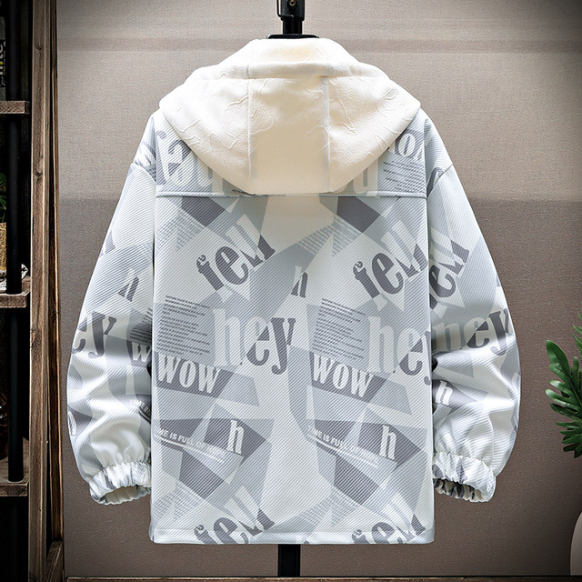 Fake two-piece hooded jacket for men in autumn new contrasting color printed windproof jacket handsome and versatile youth casual top