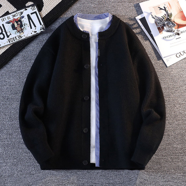 Autumn and winter 2025 new knitted cardigan jacket men's solid color versatile casual fake two-piece trendy brand jacket sweater trend