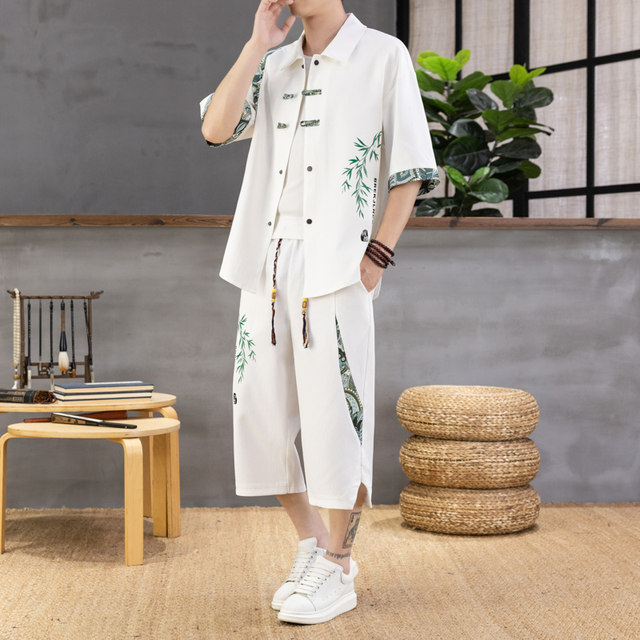 Chinese Style Short-Sleeved Shirt Men's Summer Suit Ice Silk Thin New Chinese Style High-End National Trend Shirt Two-Piece Set