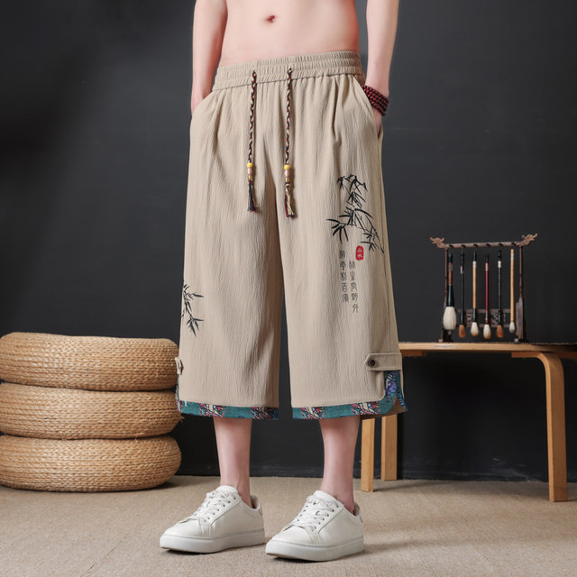 New Chinese Style Casual Shorts for Men, Summer Trendy Brand Loose Straight-Leg Cropped Pants, Thin and Cool, Breathable National Style Pants