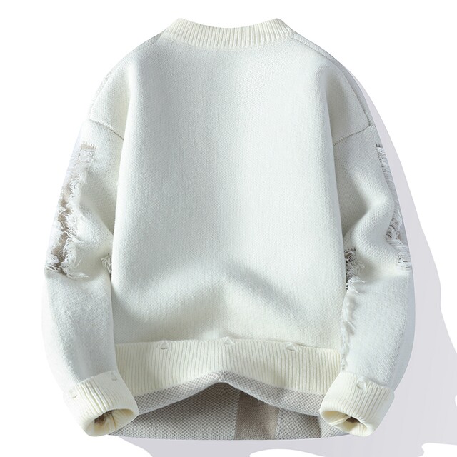 Trendy Ripped Sweater for Men, Winter Crew Neck Base Shirt, Men's Knitwear, Teenage Student Sweater, Knitted Clothing