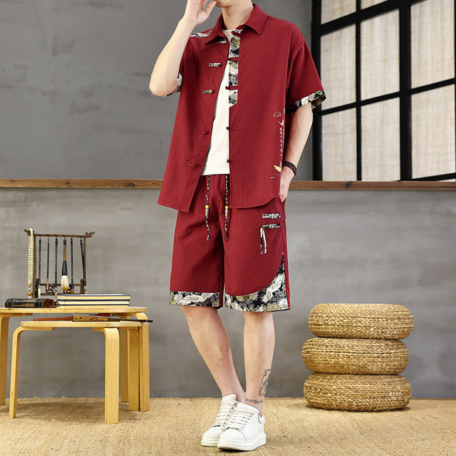 New Chinese Style Men's Summer Outfit, Short-Sleeved Shirt and Casual Shorts Two-Piece Set, Cool and Stylish Complete Outfit