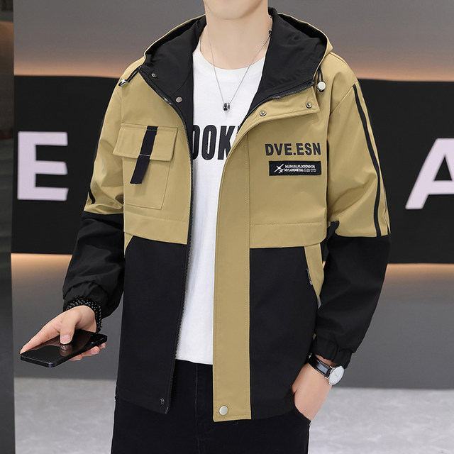 2026 New Spring and Autumn Casual Jacket for Men, Korean Style Trendy Color-Blocking Loose Hooded Workwear Windbreaker for Young People