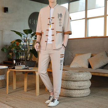 Linen Short-Sleeved T-Shirt Men's Chinese Style Loose Nine-Point Pants T-Shirt Summer Thin Cotton and Linen Casual Sports Suit