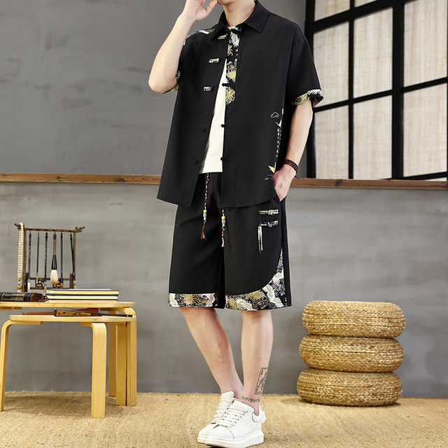 New Chinese Style Men's Summer Outfit, Short-Sleeved Shirt and Casual Shorts Two-Piece Set, Cool and Stylish Complete Outfit