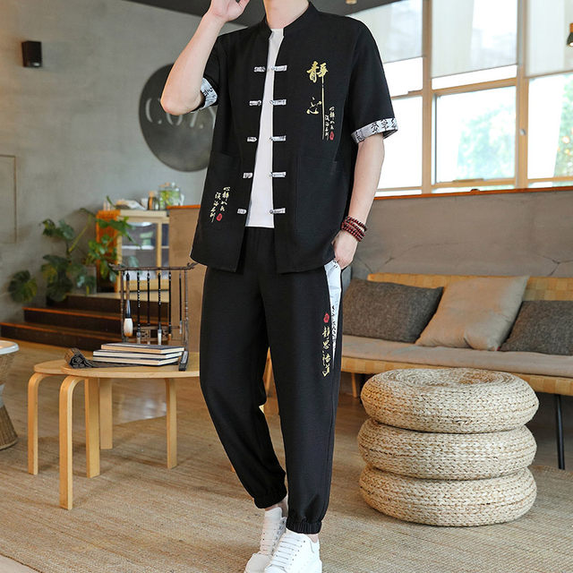 Chinese style suit men's summer thin ice silk short-sleeved nine-point pants paired with a set of Hanfu casual Chinese Tang suit