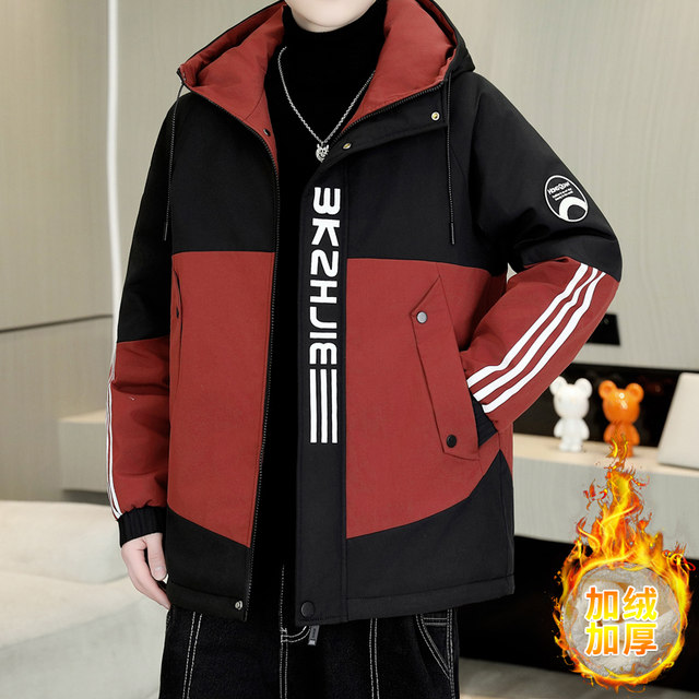 Hong Kong style hooded velvet jacket men's autumn and winter trendy brand thickened warm jacket teenagers color matching work clothes tops