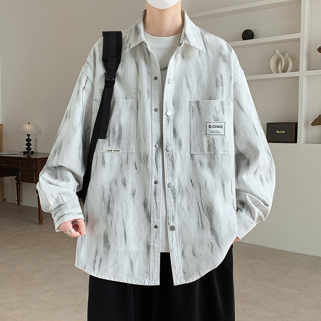 Pure Cotton Long-Sleeved Shirt for Men in Spring and Autumn, Stylish Tie-Dye Printed Workwear Top, Loose Casual Lapel Shirt Jacket