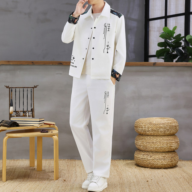 Autumn New Chinese Style Jacket Suit for Men with Lapel, High-End Design, Printed Fashion, Long-Sleeved Long Pants Two-Piece Set