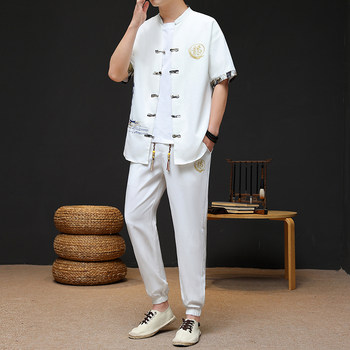 Summer Chinese Style Short-Sleeved Suit for Men, Stand-Up Collar, Button-Up Cardigan, Dragon Embroidery, Casual T-Shirt, Nine-Point Length Pants Set