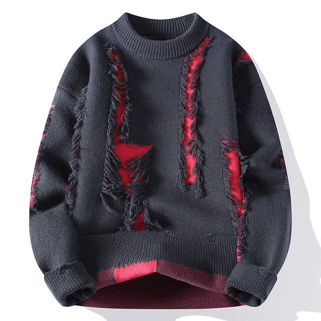 Trendy Ripped Sweater for Men, Winter Crew Neck Base Shirt, Men's Knitwear, Teenage Student Sweater, Knitted Clothing