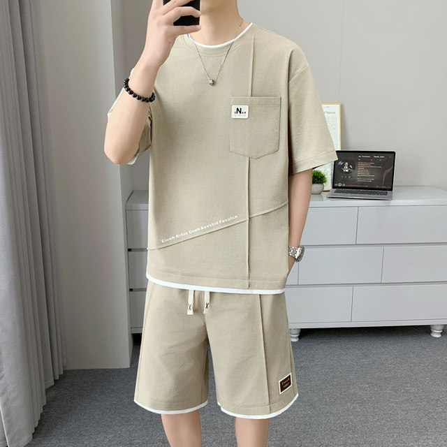 Ice Silk Cool Short-Sleeved Suit for Men, Summer Quarter-Sleeve T-Shirt, Loose Casual Sports Outfit for Teenagers, Complete Set of Clothes