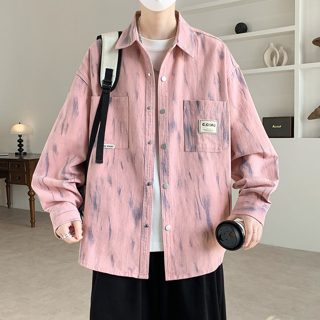 Pure Cotton Long-Sleeved Shirt for Men in Spring and Autumn, Stylish Tie-Dye Printed Workwear Top, Loose Casual Lapel Shirt Jacket