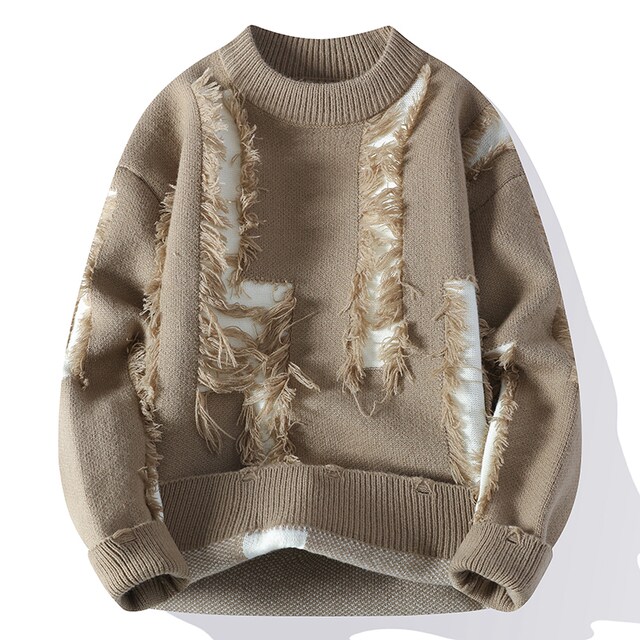 Trendy Ripped Sweater for Men, Winter Crew Neck Base Shirt, Men's Knitwear, Teenage Student Sweater, Knitted Clothing