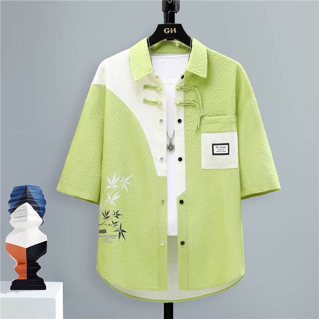 Chinese Style Short-Sleeved Shirt for Men, Summer Loose Fit, Trendy and Cool, Five-Quarter Sleeves, New Chinese Style, Color-Blocking, Versatile and Stylish Shirt