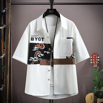 Ice Silk Short-Sleeved Shirt for Men, New Summer Style, Loose Half-Sleeved Workwear Jacket, Trendy Brand Fashion Splicing Casual Shirt