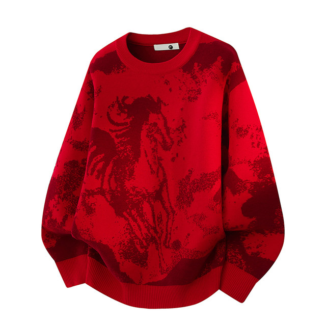 Red Round-Neck Sweater for Men, Autumn and Winter 2025 New Style, Loose Casual Thickened Warm Base Knitwear